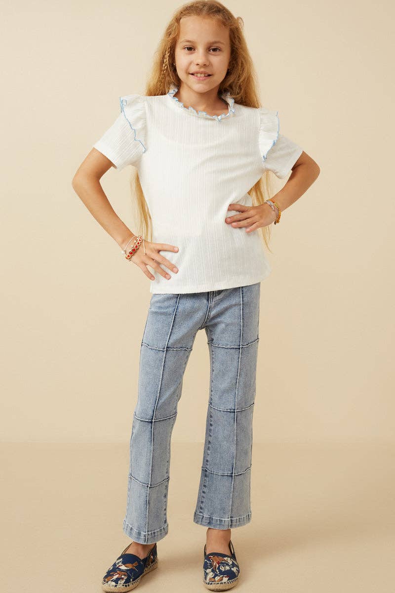 Girls Contrast Tipped Ruffled Ribbed Knit Top-Off White
