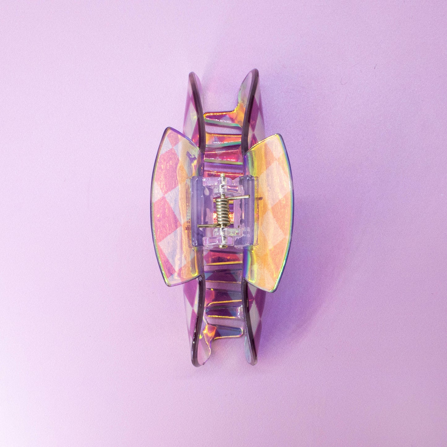 Medium Round Iridescent Checkered Hair Claw Clip: Pink