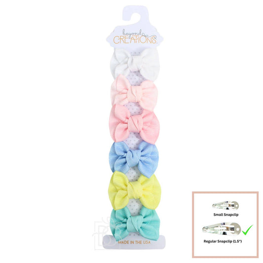 6 PACK - 2" TODDLER ANNE BOW ON SNAP CLIP: Pastel 6 Pack - White; Light Pink; Pink; Millennium Blue; Light Yellow; Aquamarine