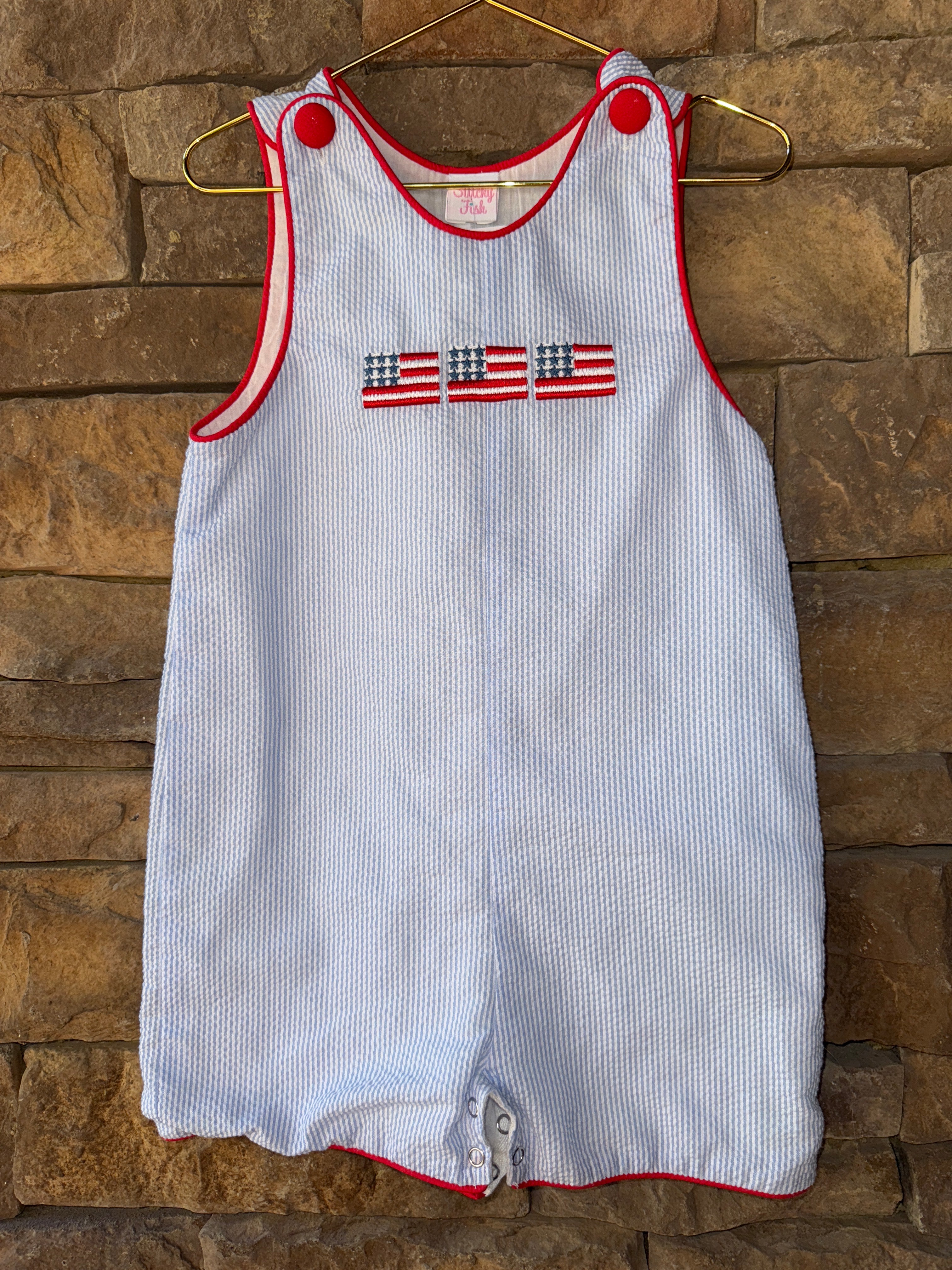 Stitchy Fish American Flag Seersucker JonJon 3T