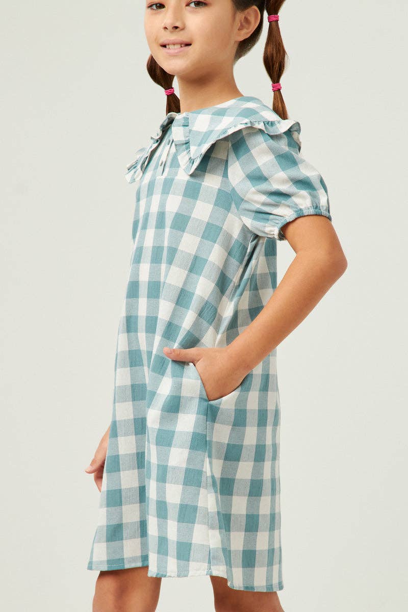 Girls Ruffled Bib Collar Checkered Dress: Aqua