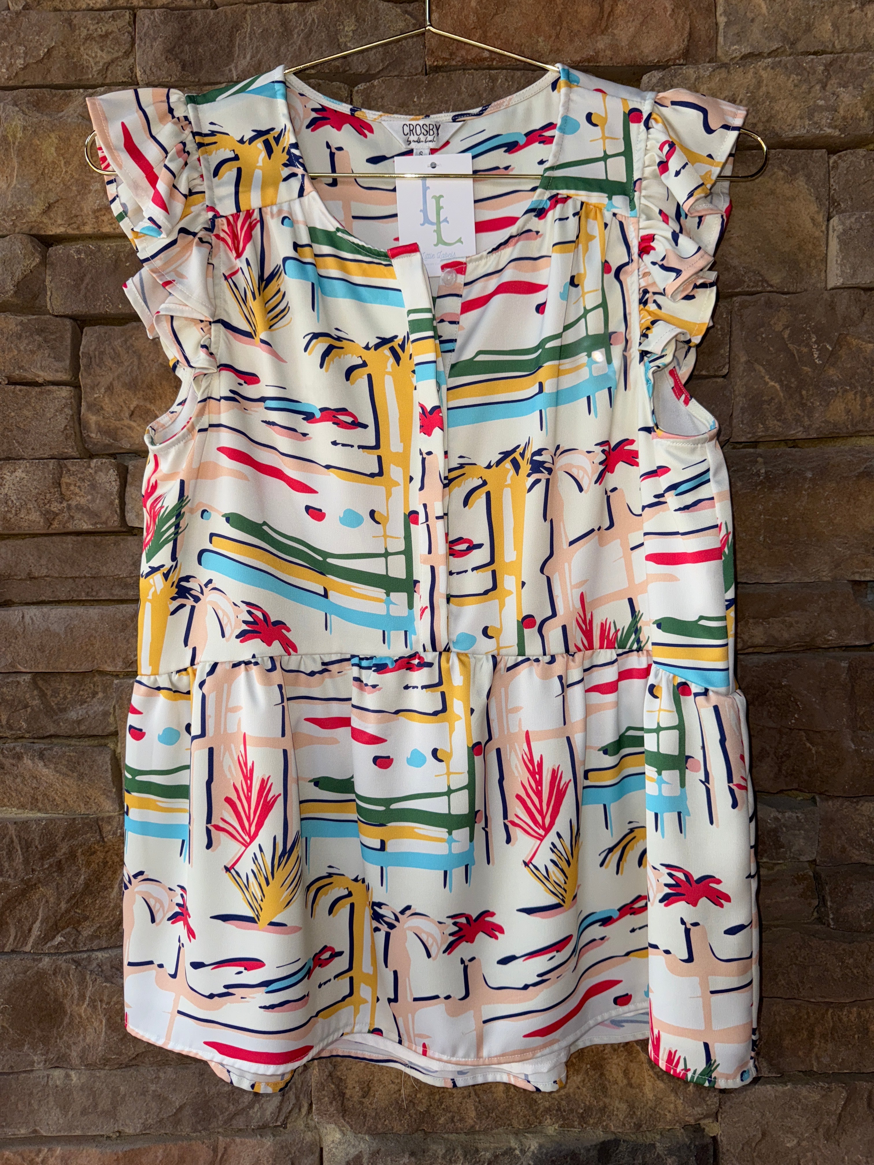 Crosby White and Multi Flutter Sleeve Top S