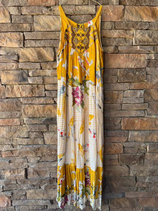 ANTHROPOLOGIE x ONE SEPTEMBER Paradiso Koi Fish Maxi Dress Yellow M