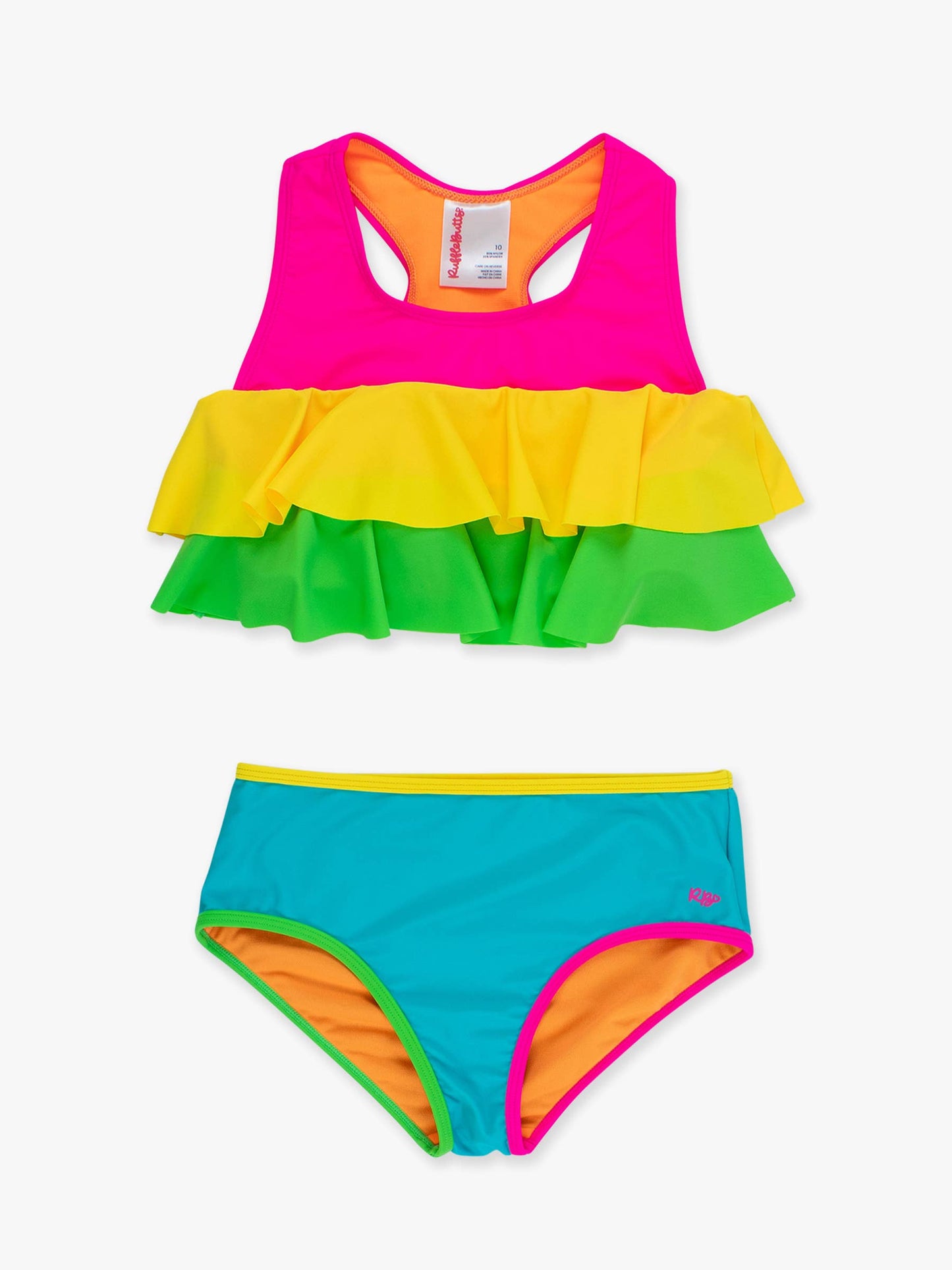 Tween Girls Neon Color Block Flounce Bikini 2-Piece Swimsuit
