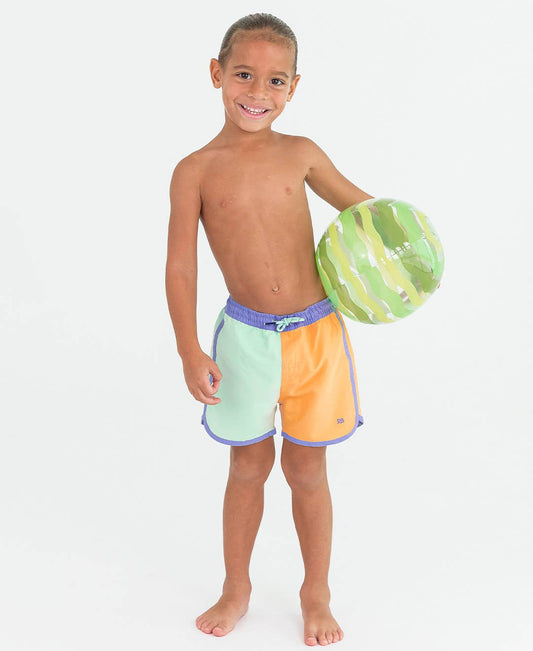 Periwinkle, Frost Green, and Ginger Color Block Dolphin Hem Swim Trunks