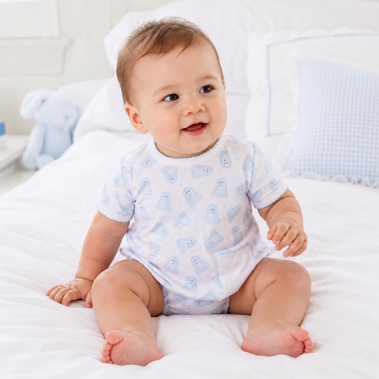 Baby Boo Print Short Sleeve Bubble - Light Blue