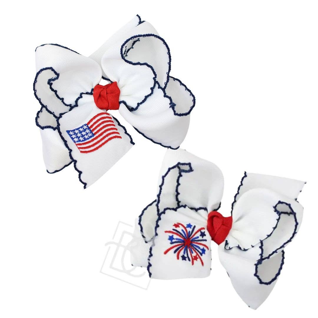 EMBROIDERED PATRIOTIC CROCHET EDGE BOW: 4.5" Large / Fireworks