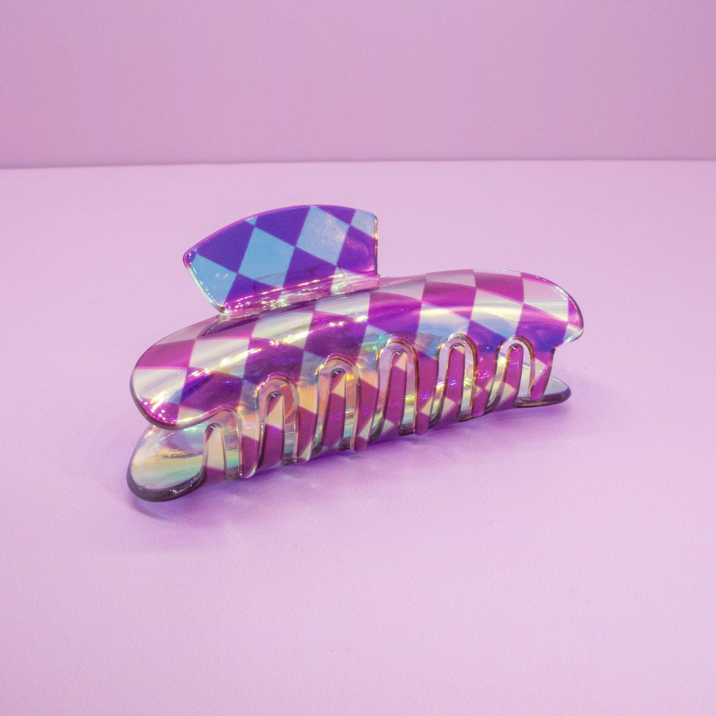 Medium Round Iridescent Checkered Hair Claw Clip: Pink