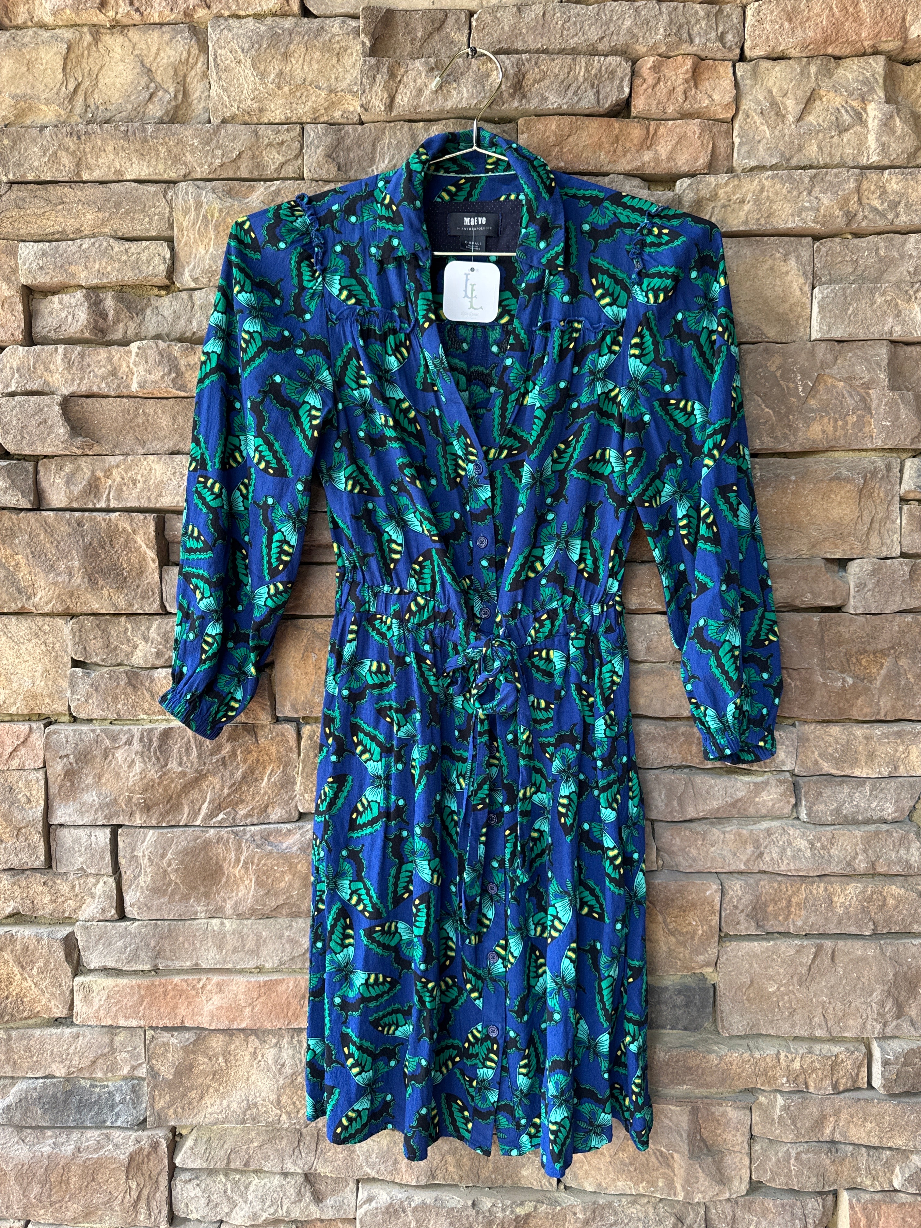 Maeve Anthropologie Pippa Butterfly Print Dress LS Mini Blue XS