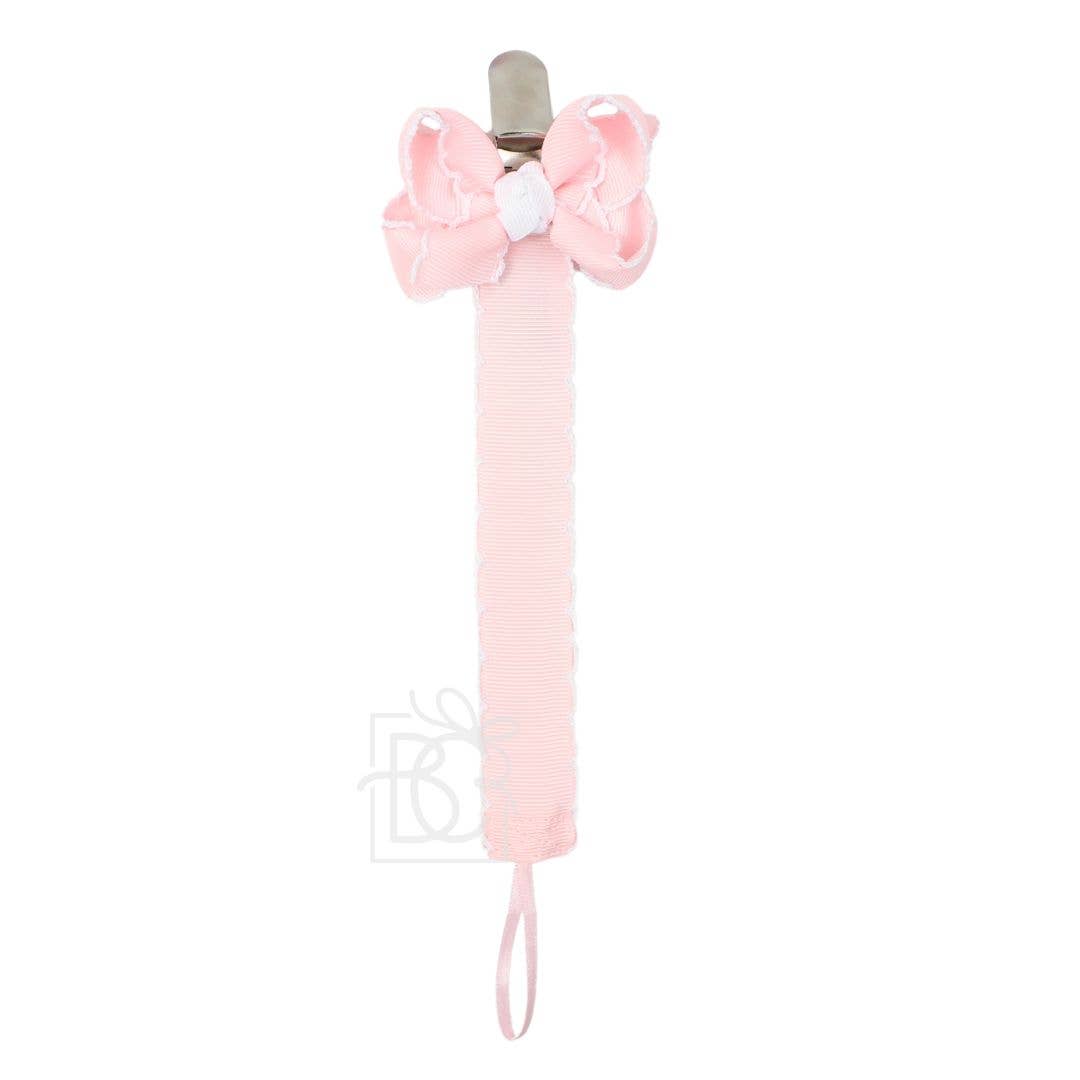 Crochet Edge Grosgrain Pacifier Clip w/ Detachable Bow: White w/ Millennium Blue Crochet Edge
