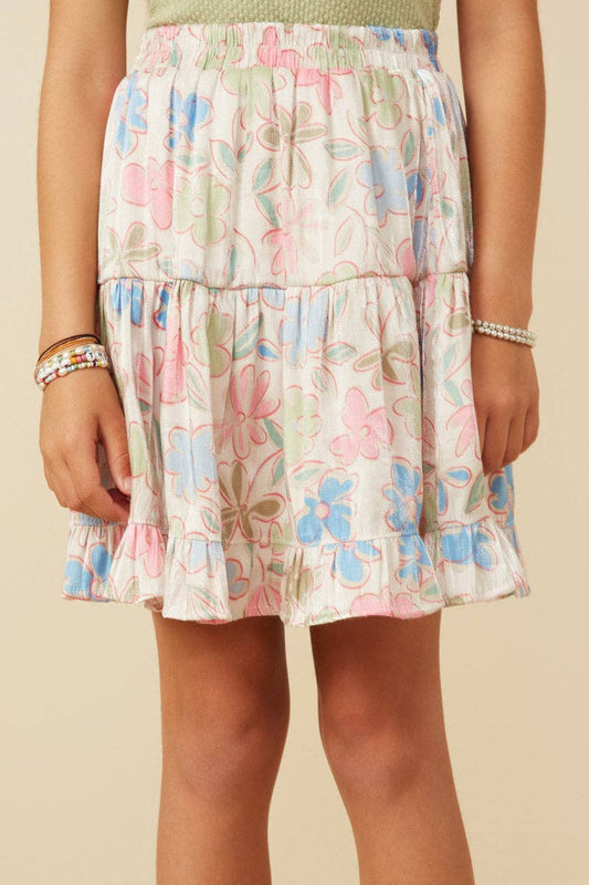 Girls Floral Tiered Foiled Skirt: Ivory