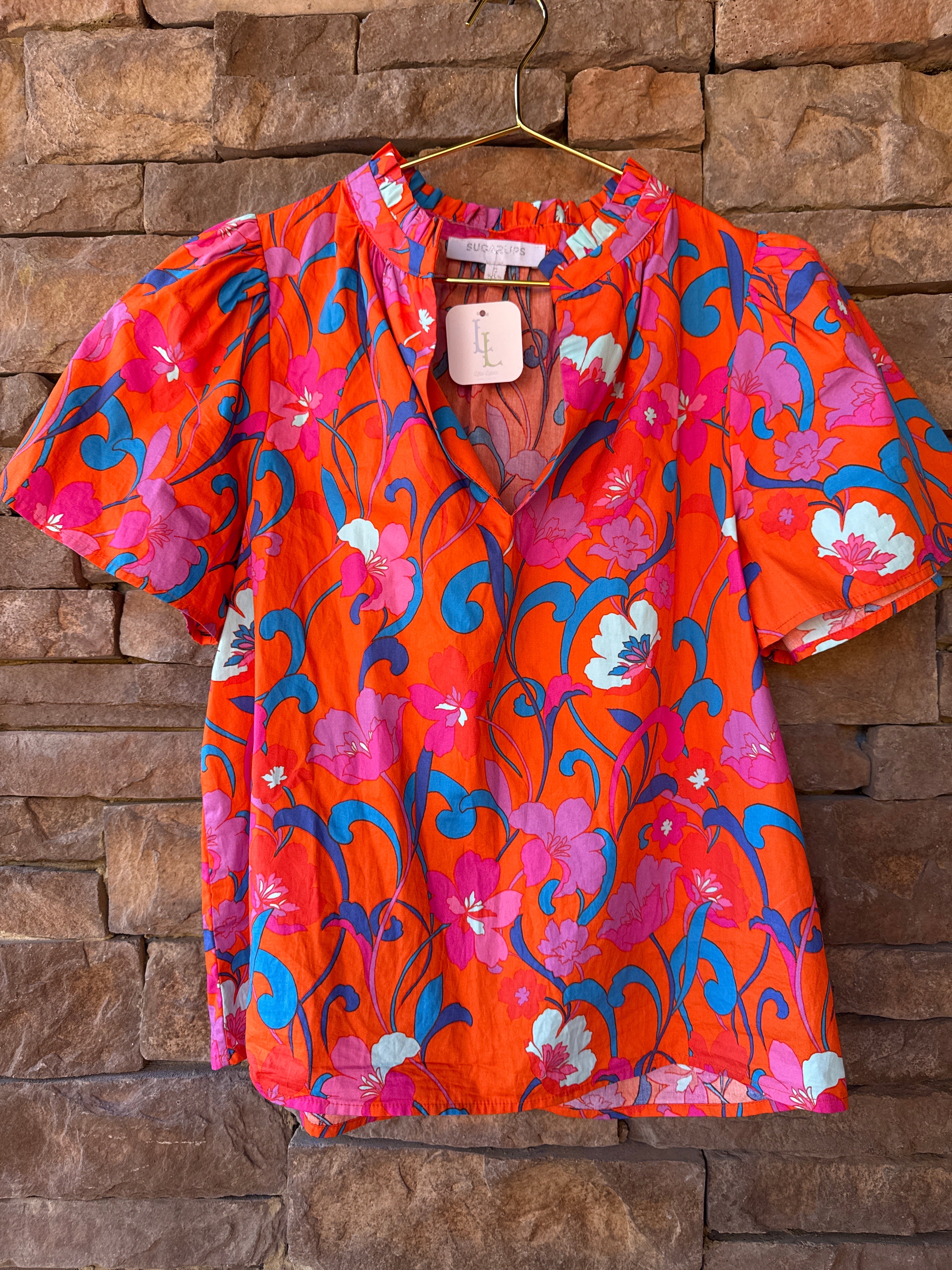 Sugarlips Orange Multi Floral Flutter Sleeve Top S
