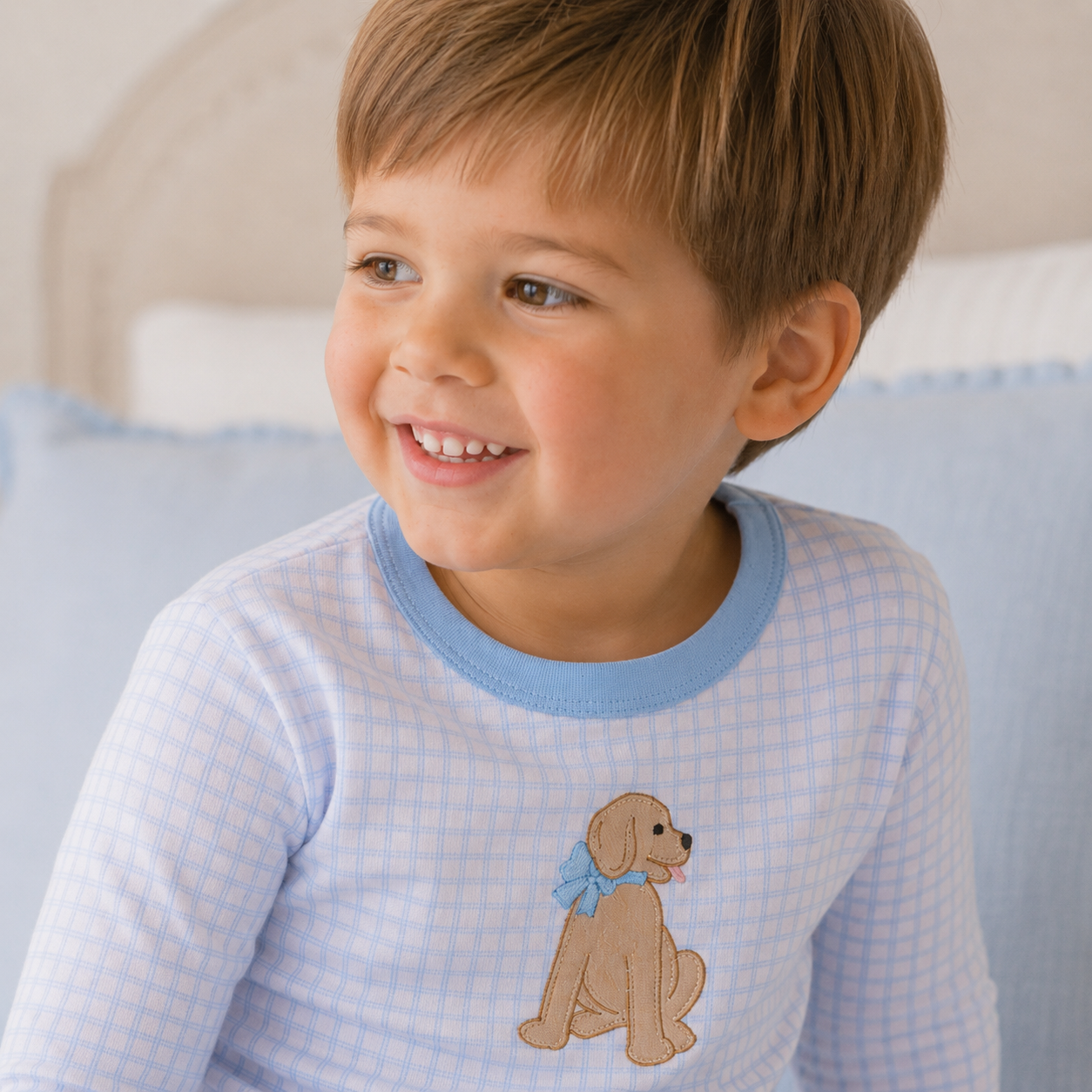 Puppy Playtime Applique Long Pajamas - Light Blue