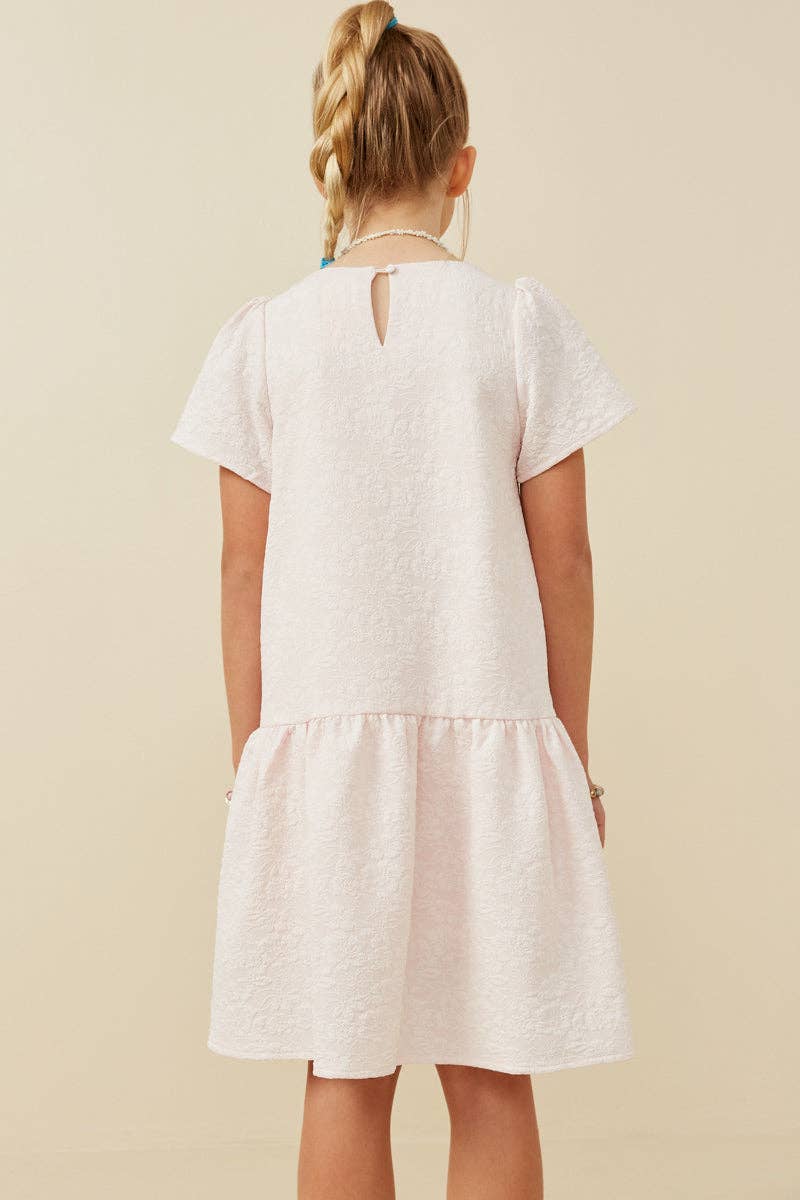 Girls Floral Textured Cap Sleeve Dress: Pink