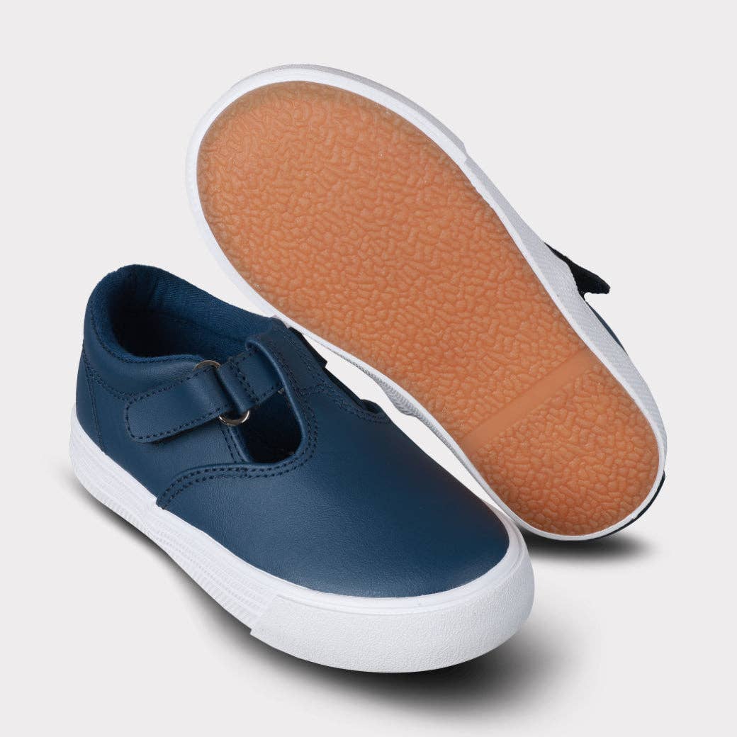 Khloe Girls T-Strap Hook & Loop Shoe: Navy Leather
