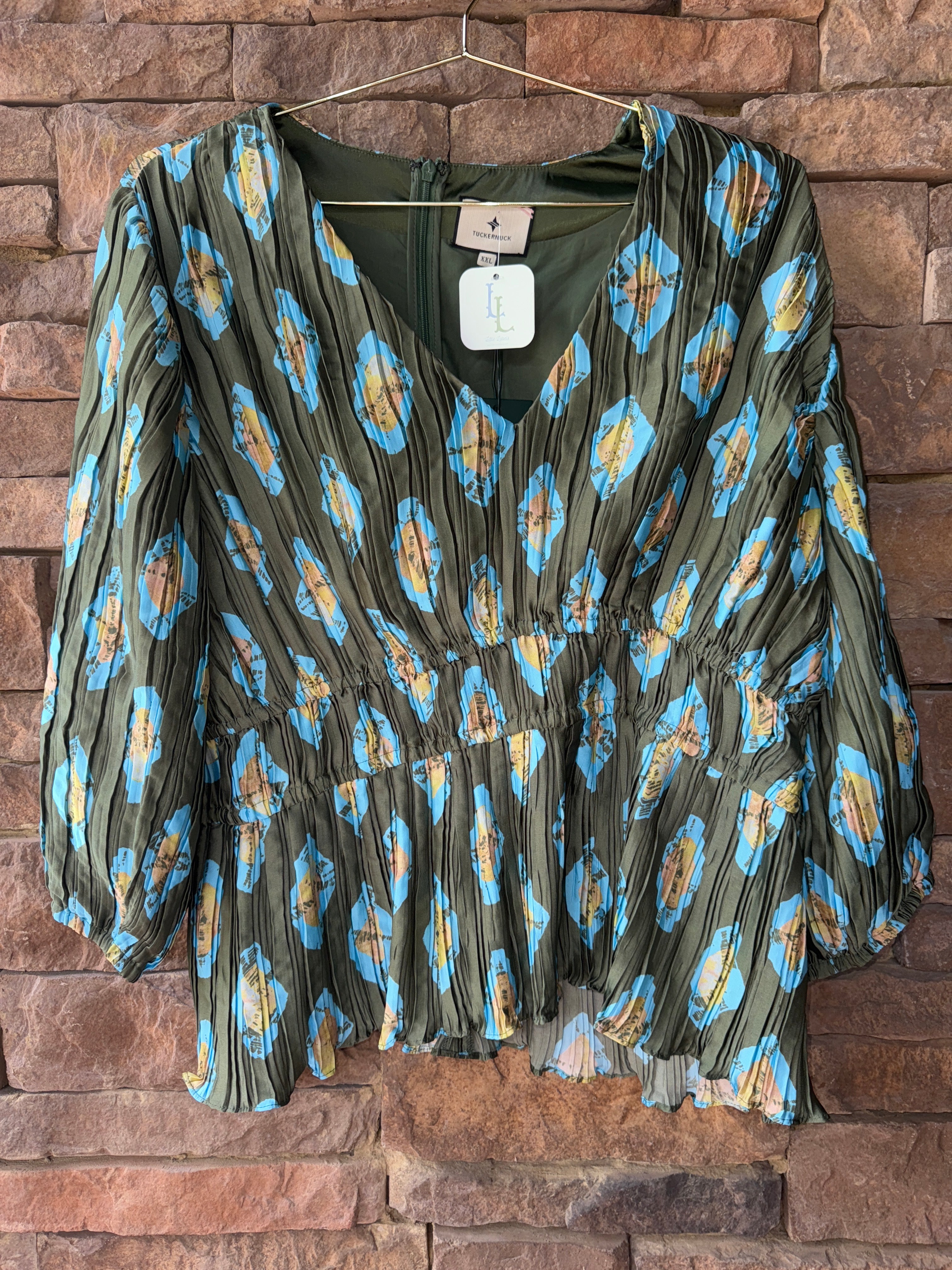 Tuckerneck Olive And Aqua Diamond Maisy Blouse XXL