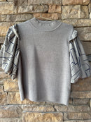 THML Grey/Brown Puff Sleeve Top M