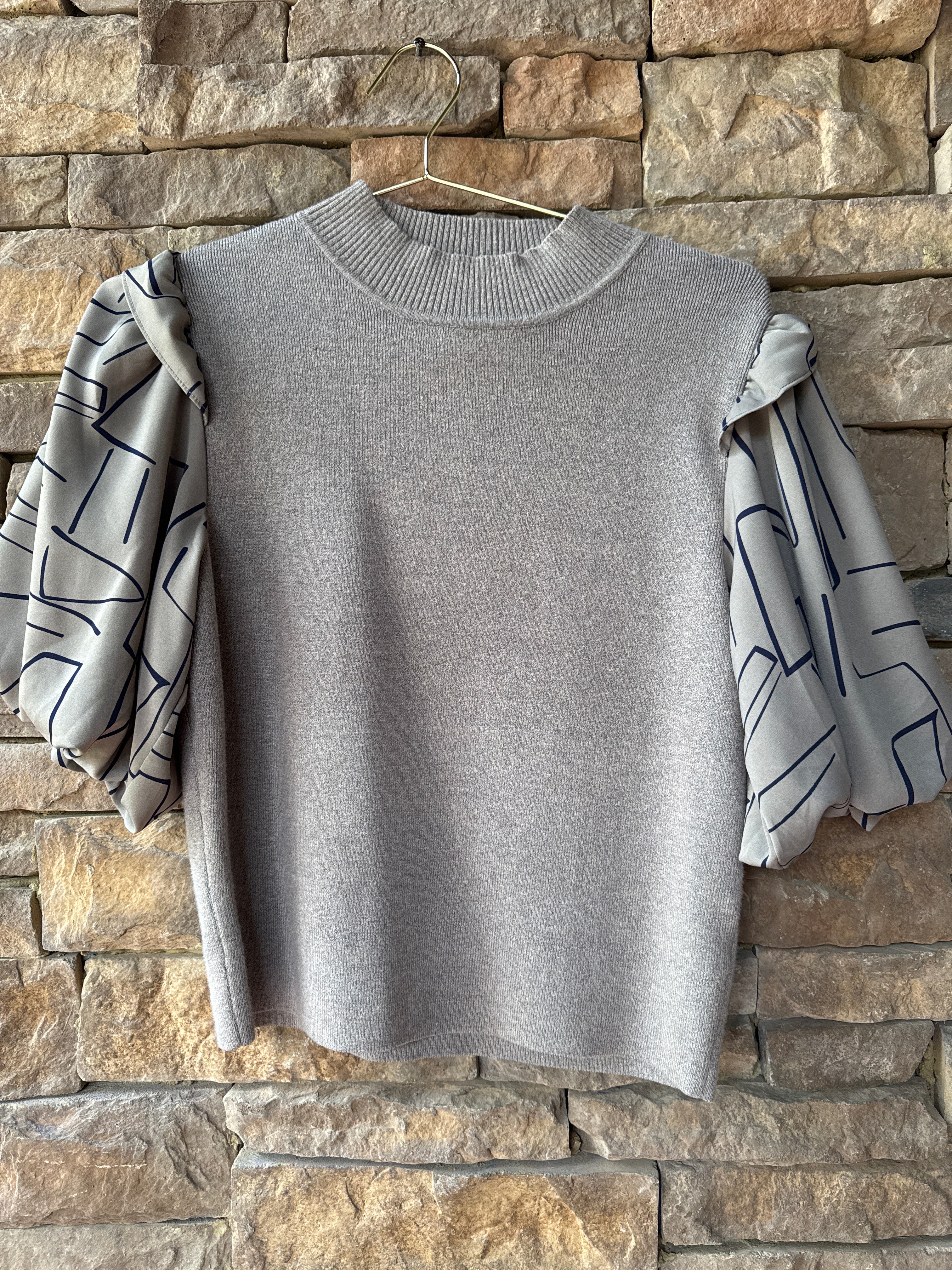 THML Grey/Brown Puff Sleeve Top M