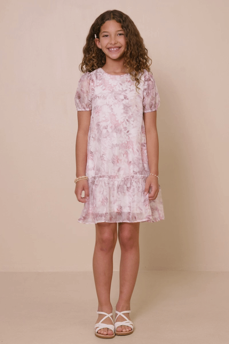 Girls Soft Organza Floral Ruffle Detail Dress