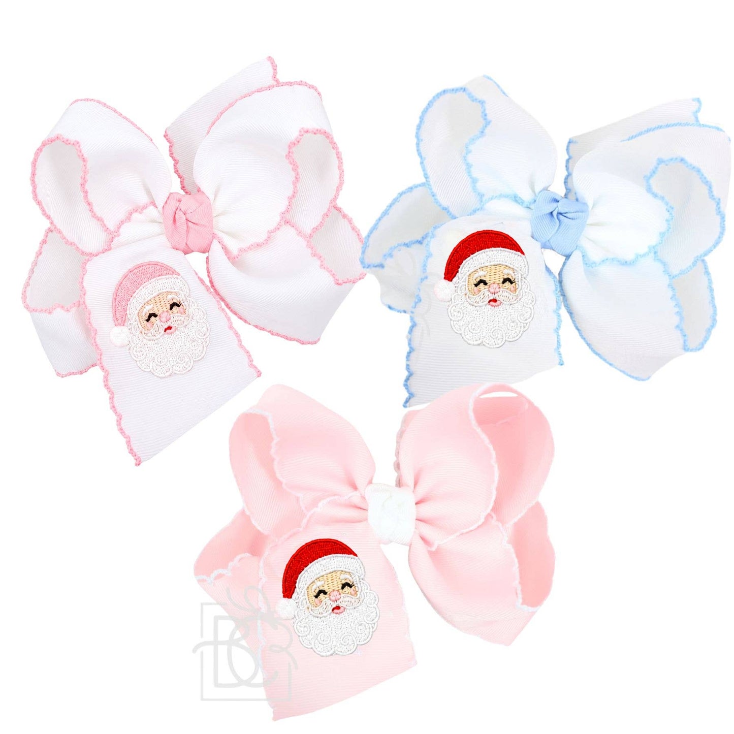 EMBROIDERED SANTA CROCHET EDGE BOWS: White w/ Red Crochet Edge / 4.5" Large