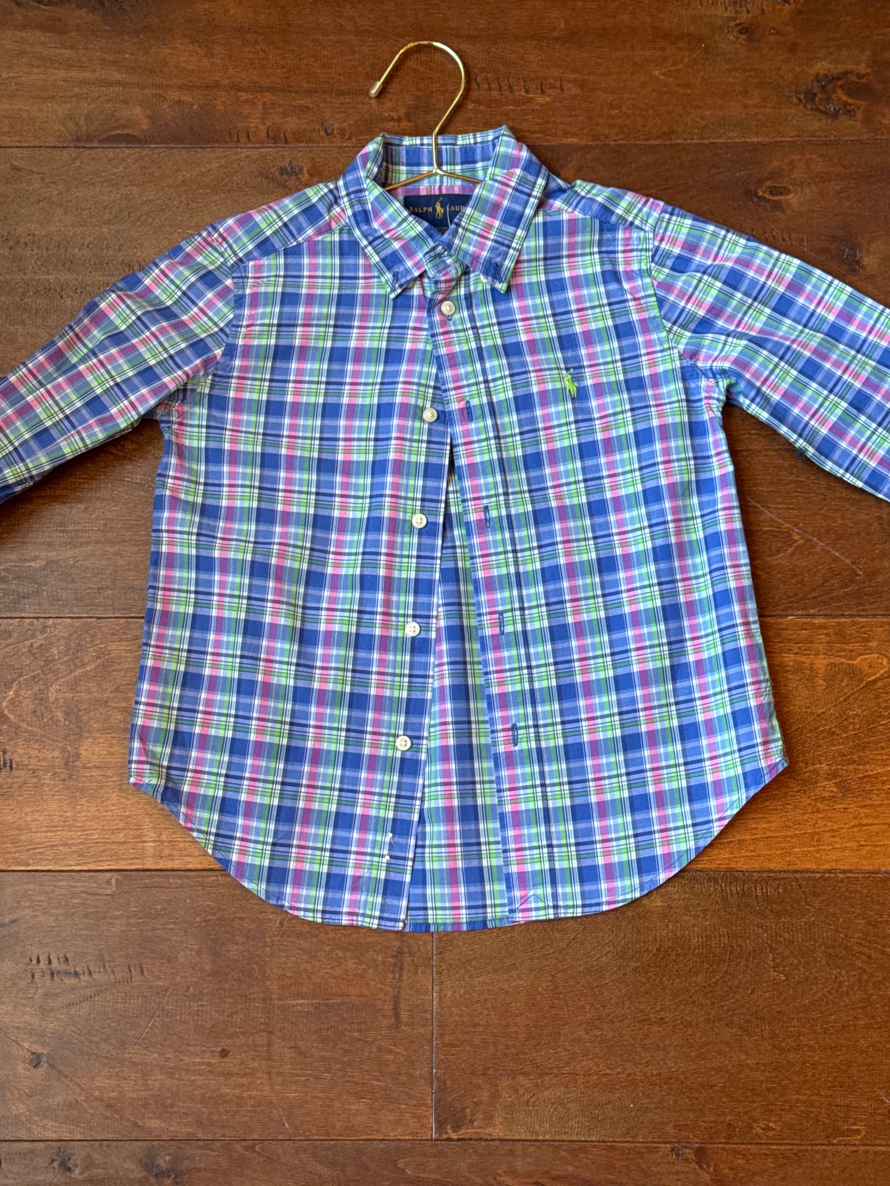 RL Pink Green and Blue Plaid LS Polo 5T