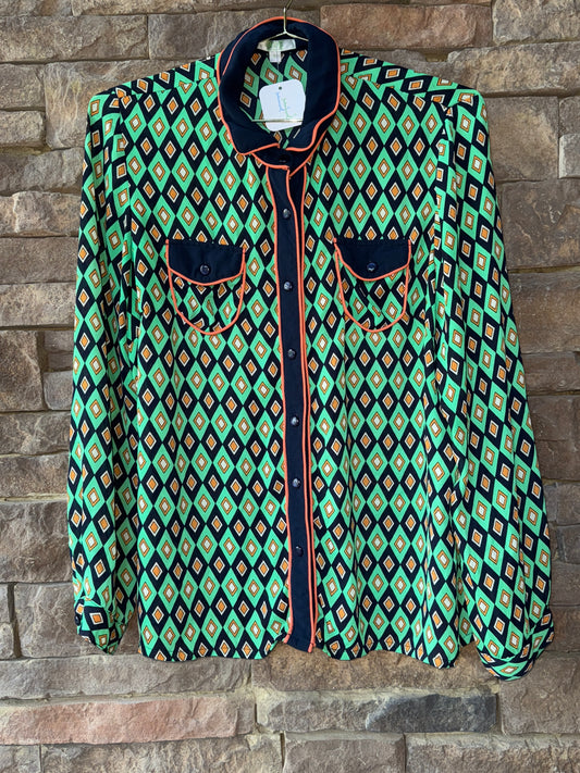 Jade Diamond Print LS Blouse L