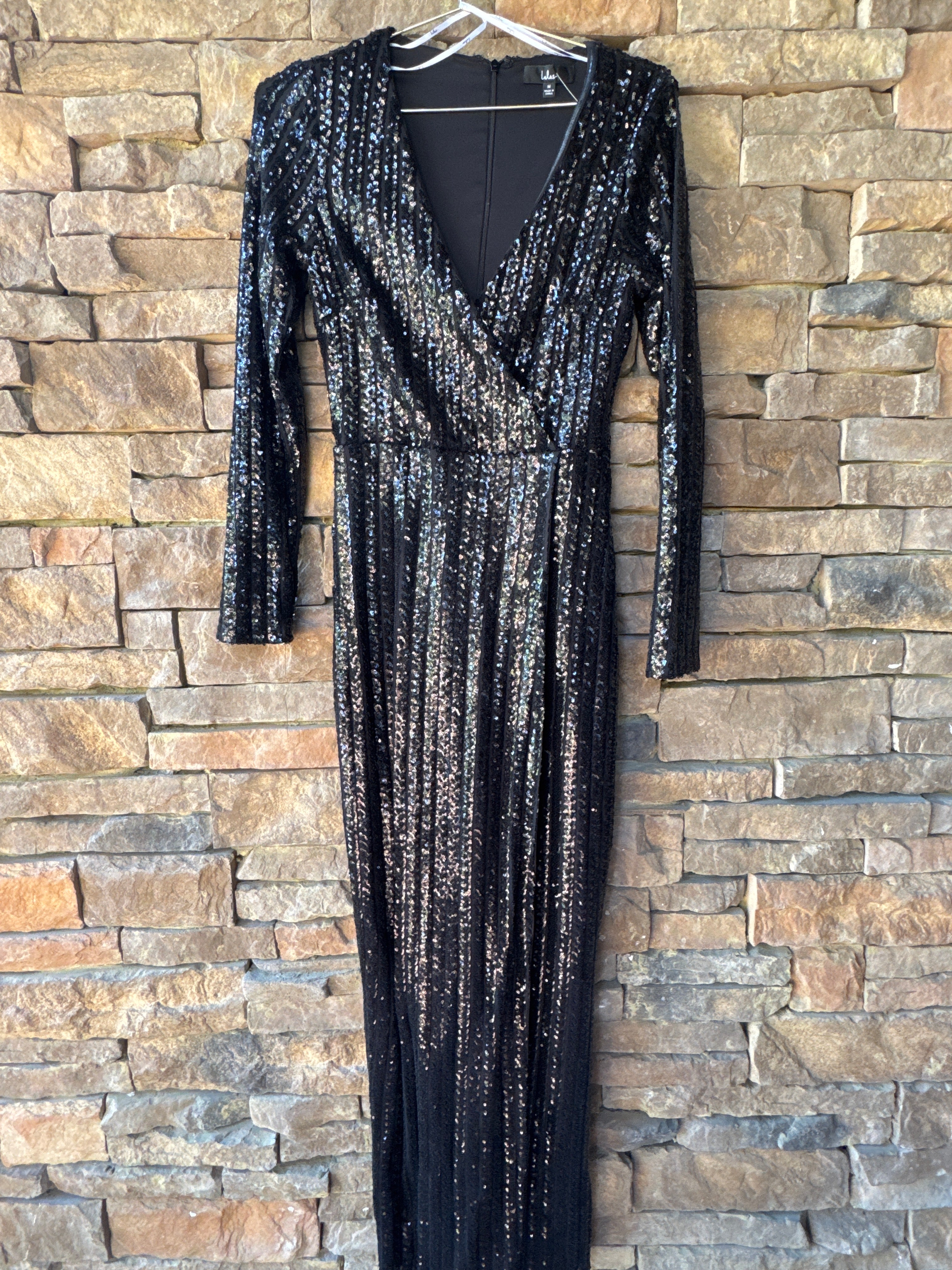 Lulus Black Sequin LS Plunge Maxi M