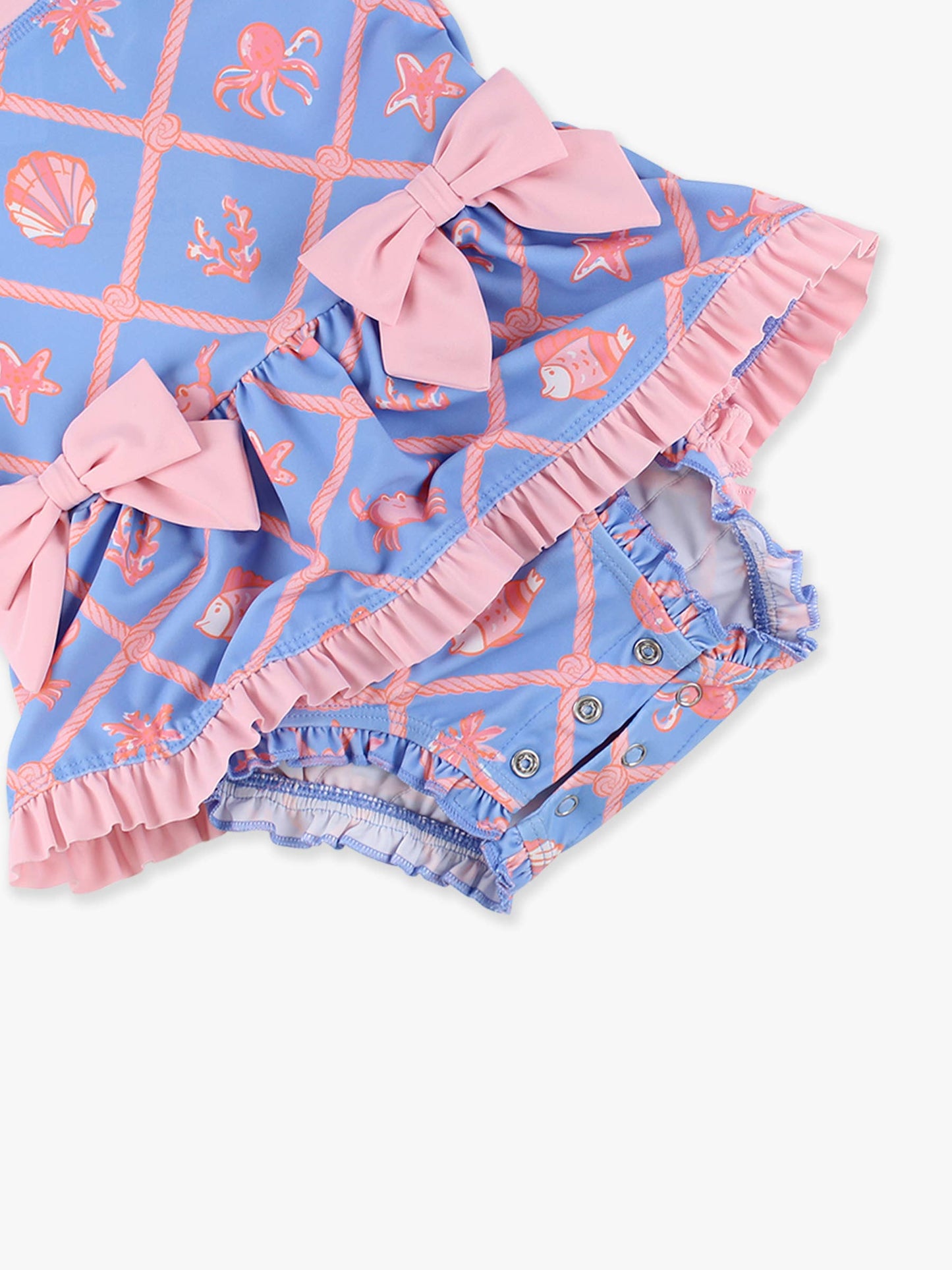 Tropical Trellis Long Sleeve One Piece Bow Peplum Rash Guard Swimsuit with Signature Rear Ruffles