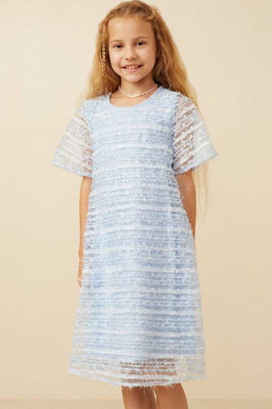 Girls Feathered Mesh And Dot Shift Dress: Blue
