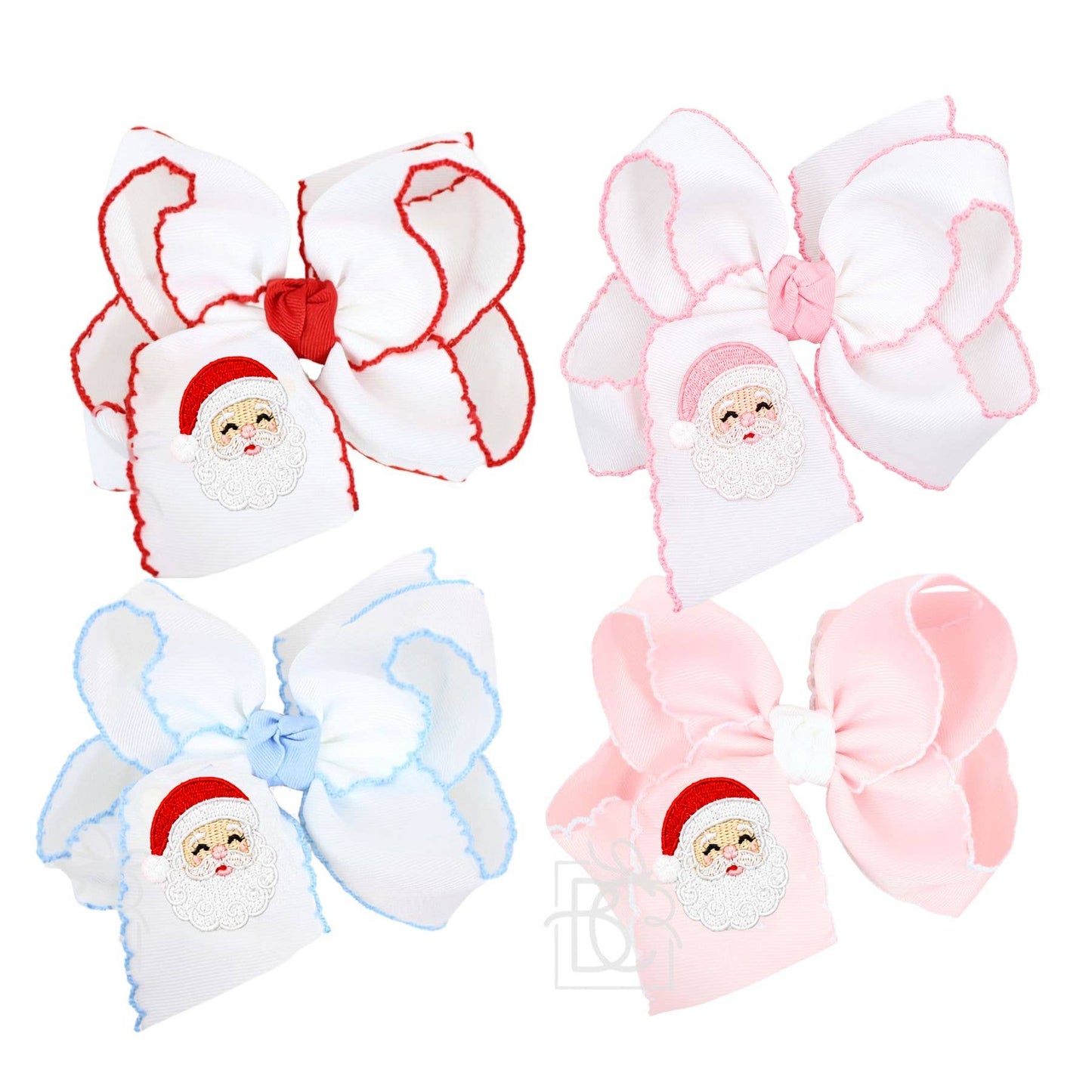 EMBROIDERED SANTA CROCHET EDGE BOWS: White w/ Red Crochet Edge / 4.5" Large