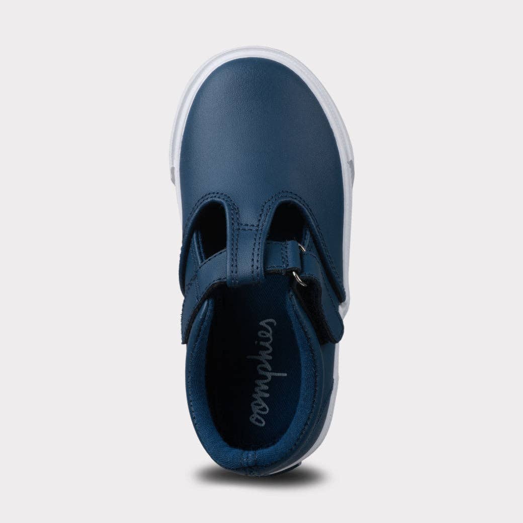 Khloe Girls T-Strap Hook & Loop Shoe: Navy Leather