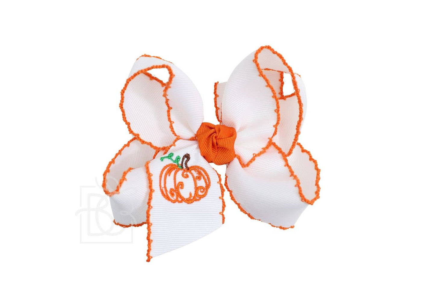 Embroidered Pumpkin Crochet Edge Bow: White-Light Pink Crochet Edge w/ Embroidered Pumpkin / 4.5" Large - 1.5" Crochet Edge Grosgrain Ribbon