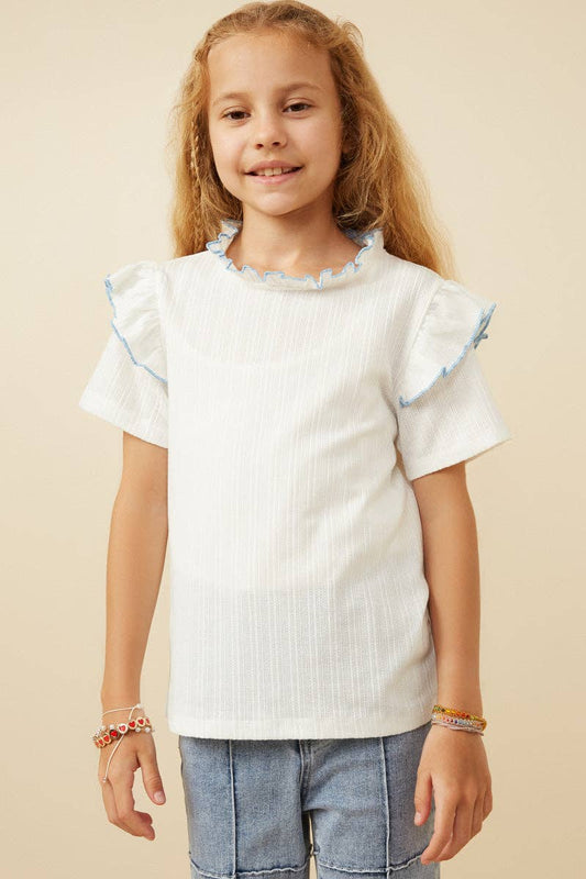 Girls Contrast Tipped Ruffled Ribbed Knit Top-Off White