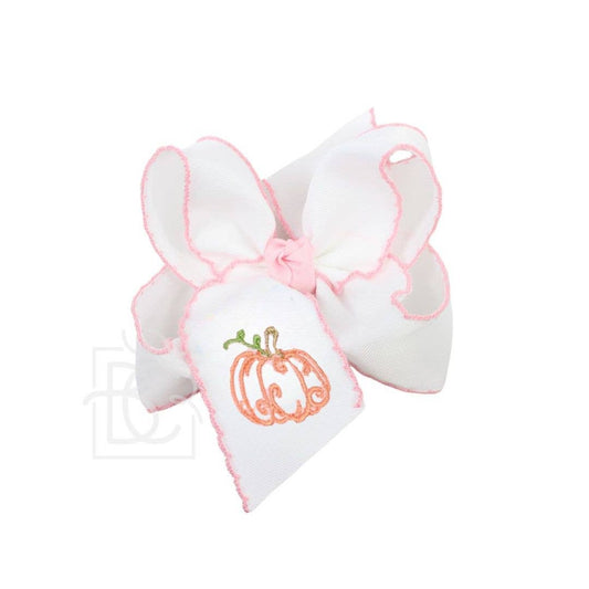 Embroidered Pumpkin Crochet Edge Bow: White-Light Pink Crochet Edge w/ Embroidered Pumpkin / 4.5" Large - 1.5" Crochet Edge Grosgrain Ribbon