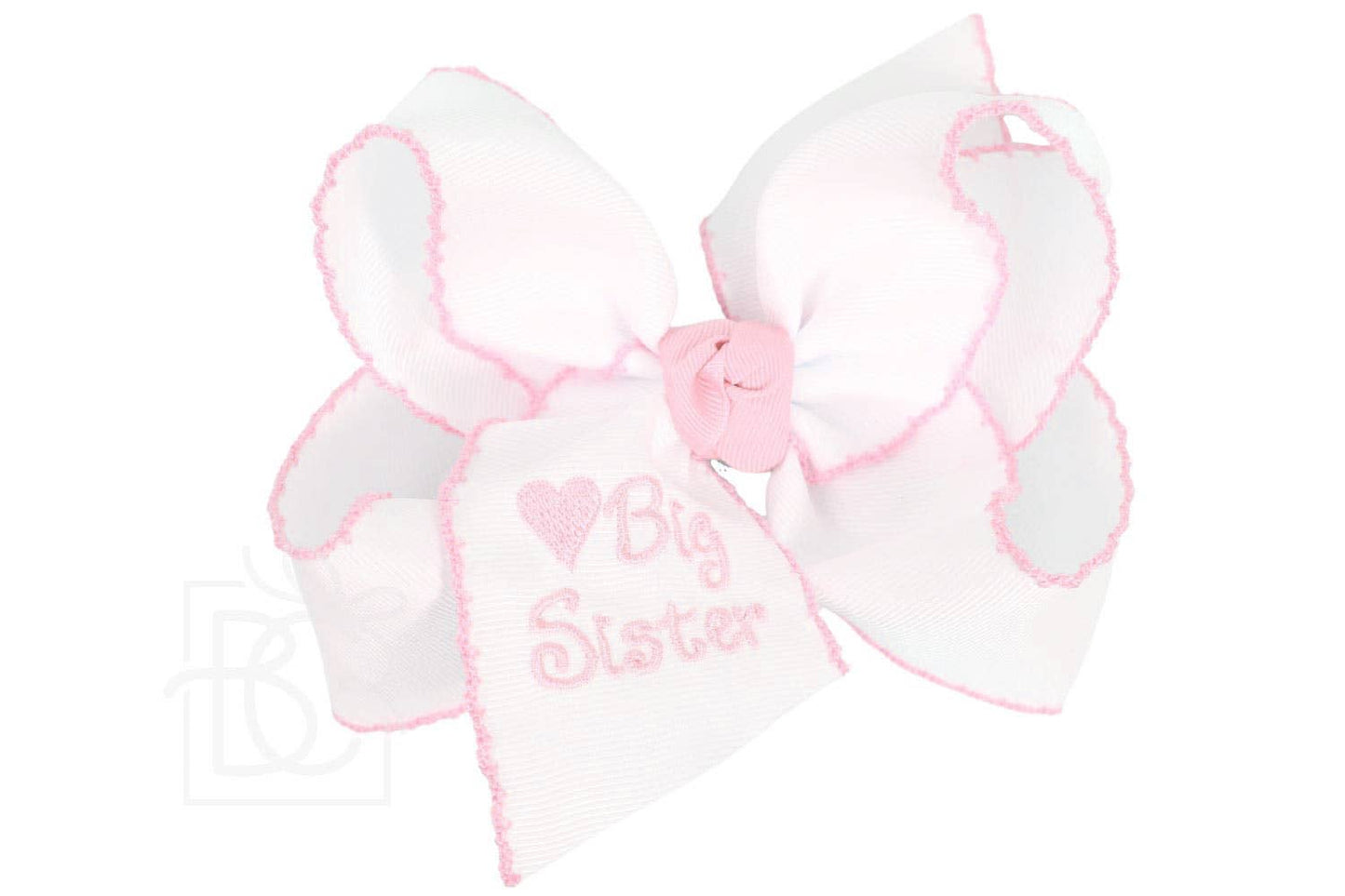 Embroidered Big Sister & Lil Sister Crochet Edge Bow: White w/ Pink Crochet Edge / 5.5" Huge / Big Sister