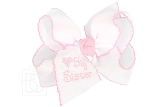 Embroidered Big Sister & Lil Sister Crochet Edge Bow: White w/ Pink Crochet Edge / 5.5" Huge / Big Sister