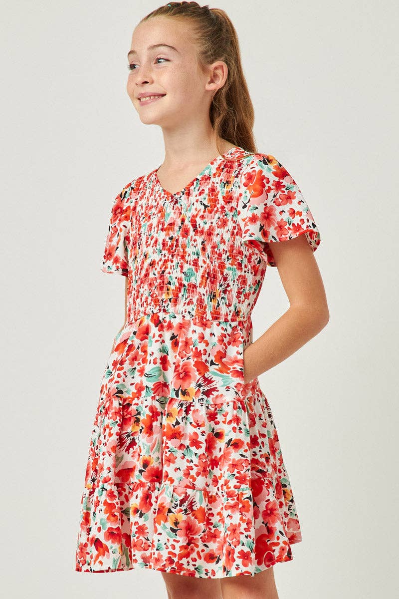 Girls Floral Smocked V Neck Short Sleeve Dress