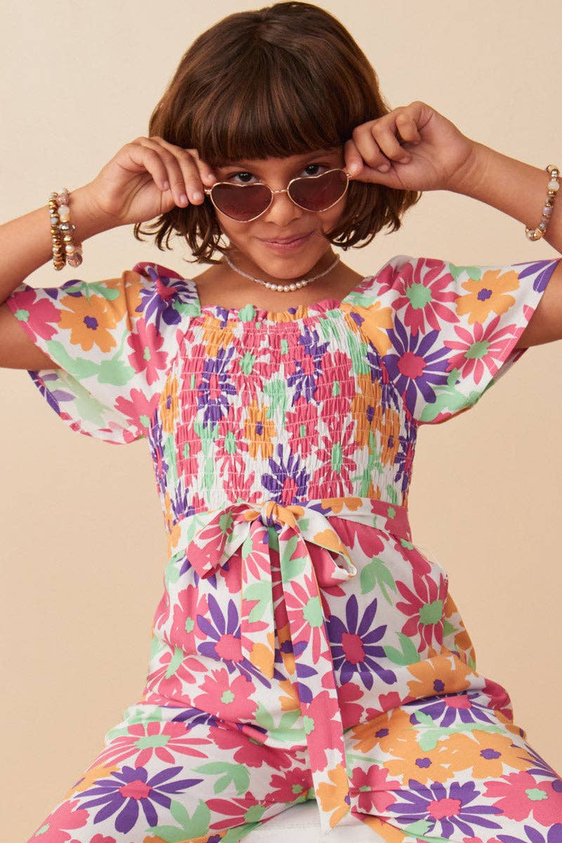 Girls Vivid Floral Self Belt Smocked Jumpsuit