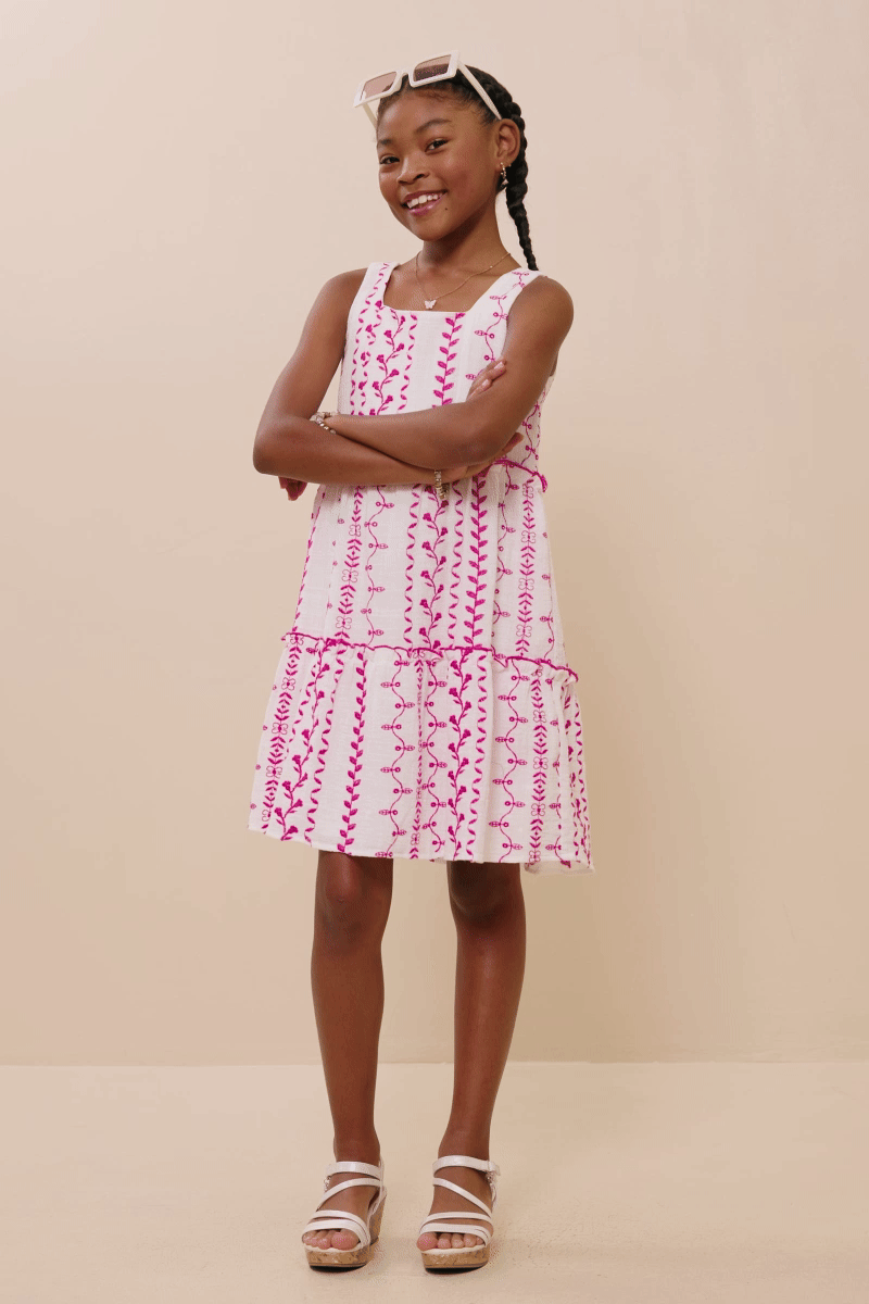 Girls Botanical Embroidered Ruffle Tiered Tank Dress: Pink
