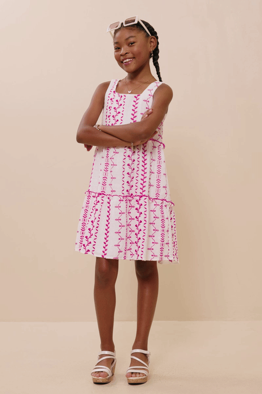 Girls Botanical Embroidered Ruffle Tiered Tank Dress: Pink