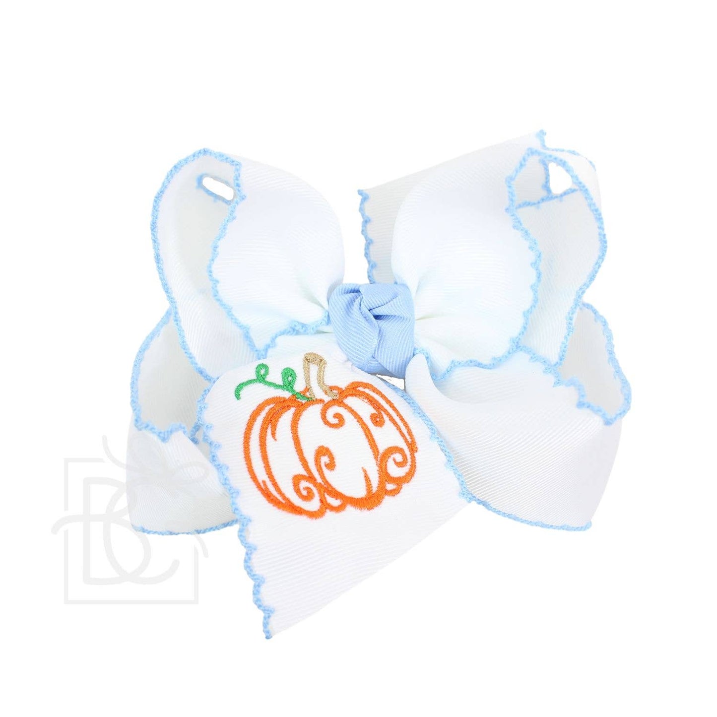 Embroidered Pumpkin Crochet Edge Bow: White-Light Pink Crochet Edge w/ Embroidered Pumpkin / 4.5" Large - 1.5" Crochet Edge Grosgrain Ribbon