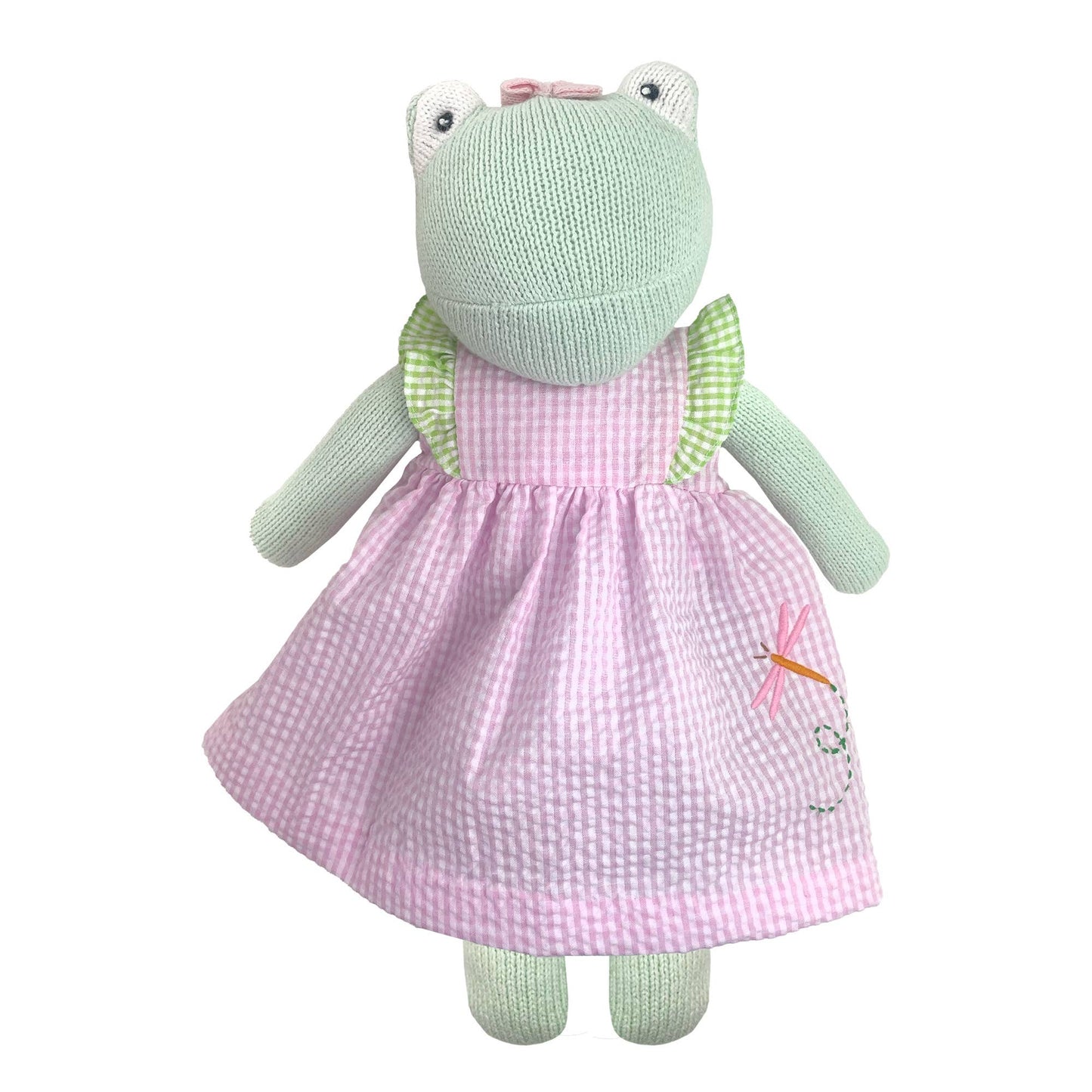 Knit Frog Doll with Pink Check Dragonfly Dress: Doll & Dress Set / 14"