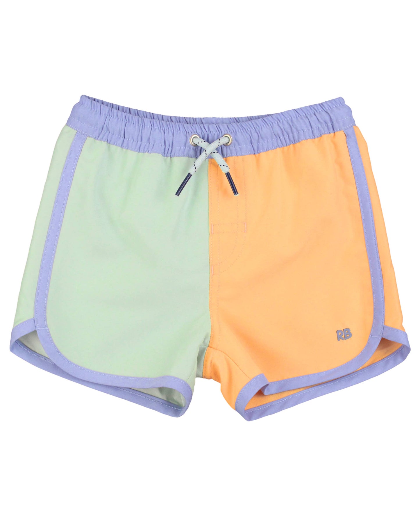 Periwinkle, Frost Green, and Ginger Color Block Dolphin Hem Swim Trunks