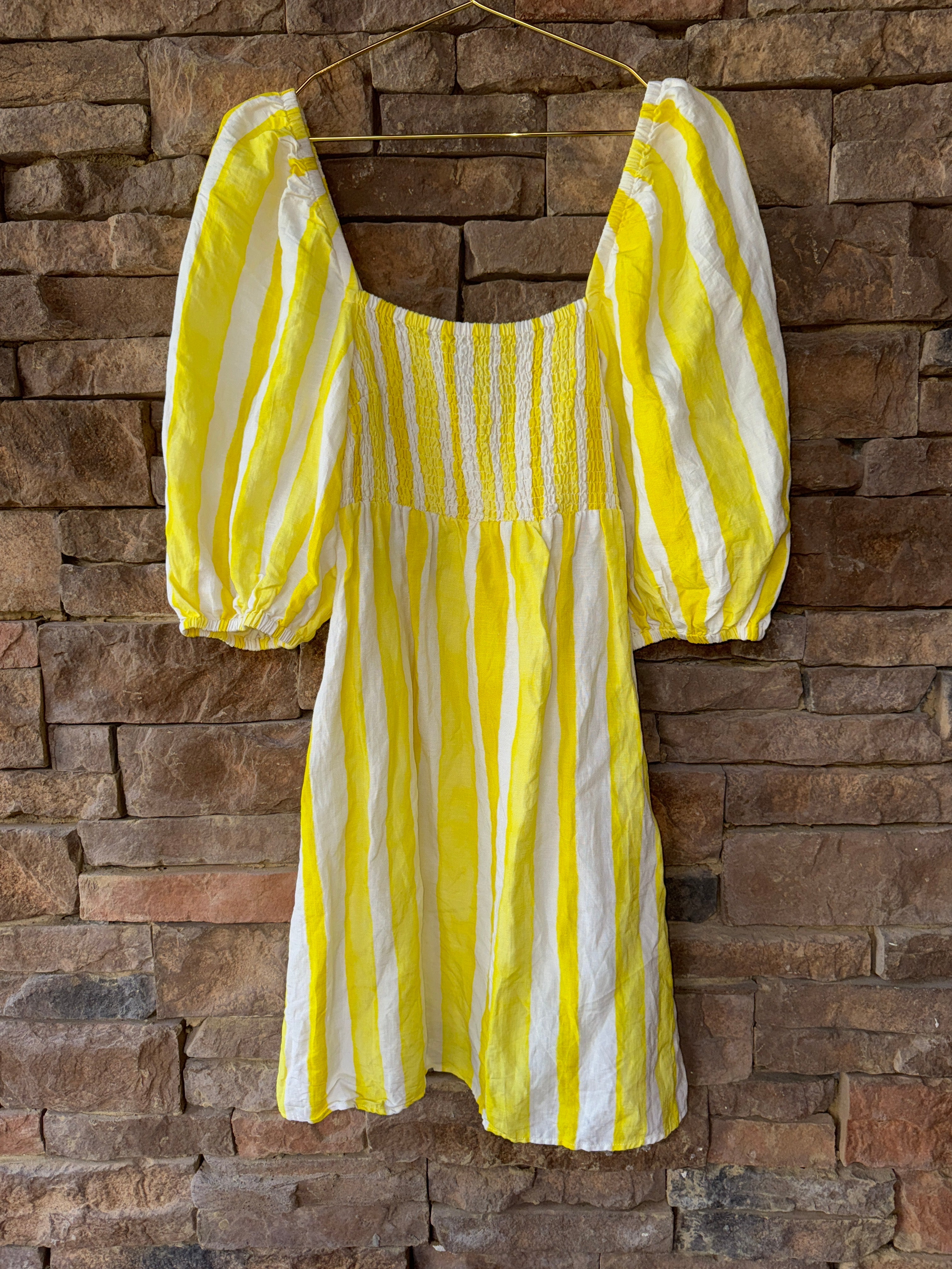 Tuckernuck Yellow Striped Puff Sleeve Mini Dress L