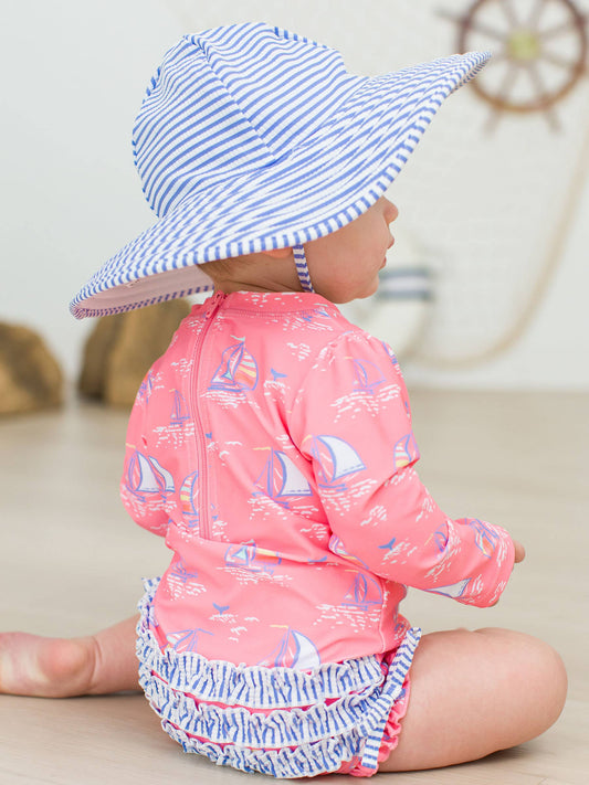 Seas the Day Long Sleeve One Piece Rash Guard Swimsuit with Signature Rear Ruffles