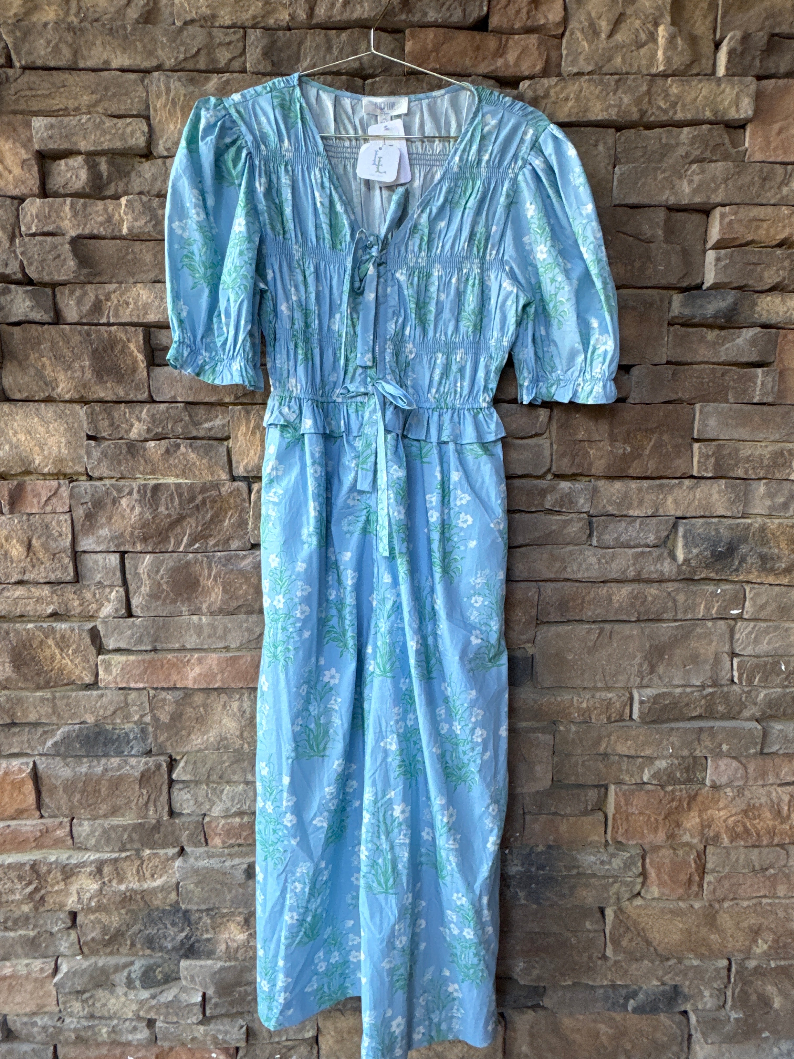 Peach Love Blue Poplin Floral Jumpsuit M