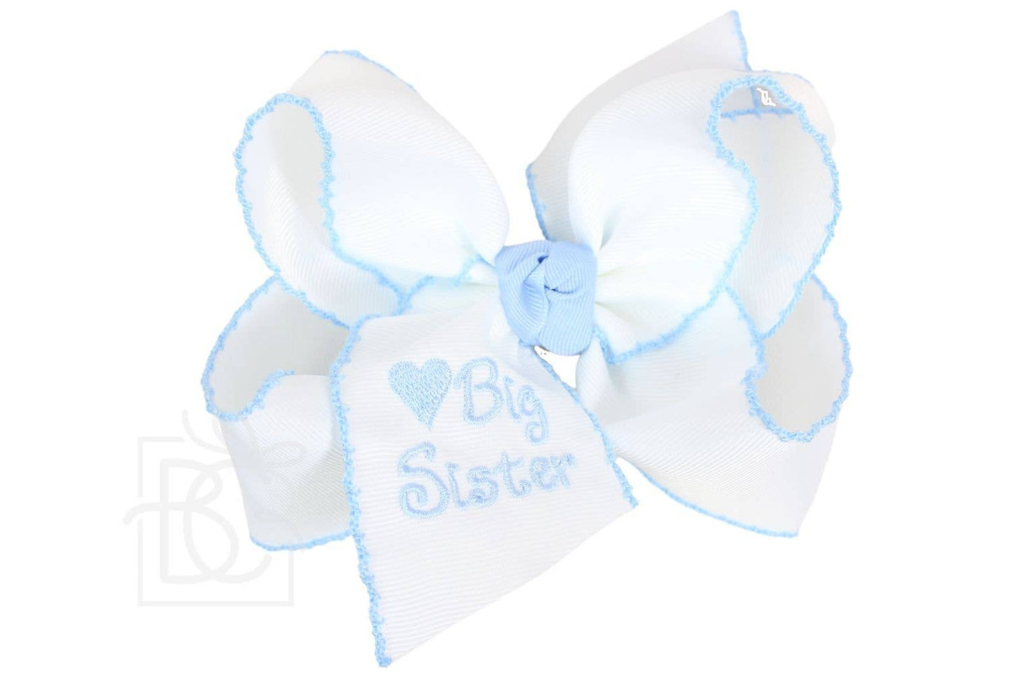 Embroidered Big Sister & Lil Sister Crochet Edge Bow: White w/ Pink Crochet Edge / 5.5" Huge / Big Sister
