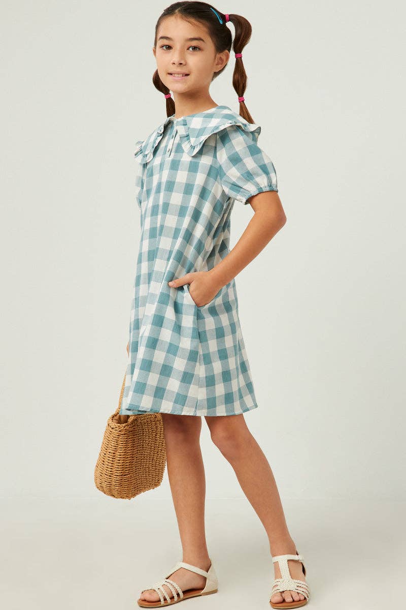 Girls Ruffled Bib Collar Checkered Dress: Aqua