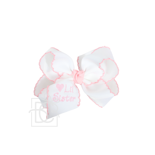 Embroidered Big Sister & Lil Sister Crochet Edge Bow: White w/ Pink Crochet Edge / 4.5" Large / Lil Sister