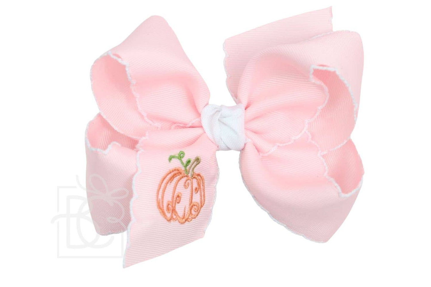 Embroidered Pumpkin Crochet Edge Bow: White-Light Pink Crochet Edge w/ Embroidered Pumpkin / 4.5" Large - 1.5" Crochet Edge Grosgrain Ribbon
